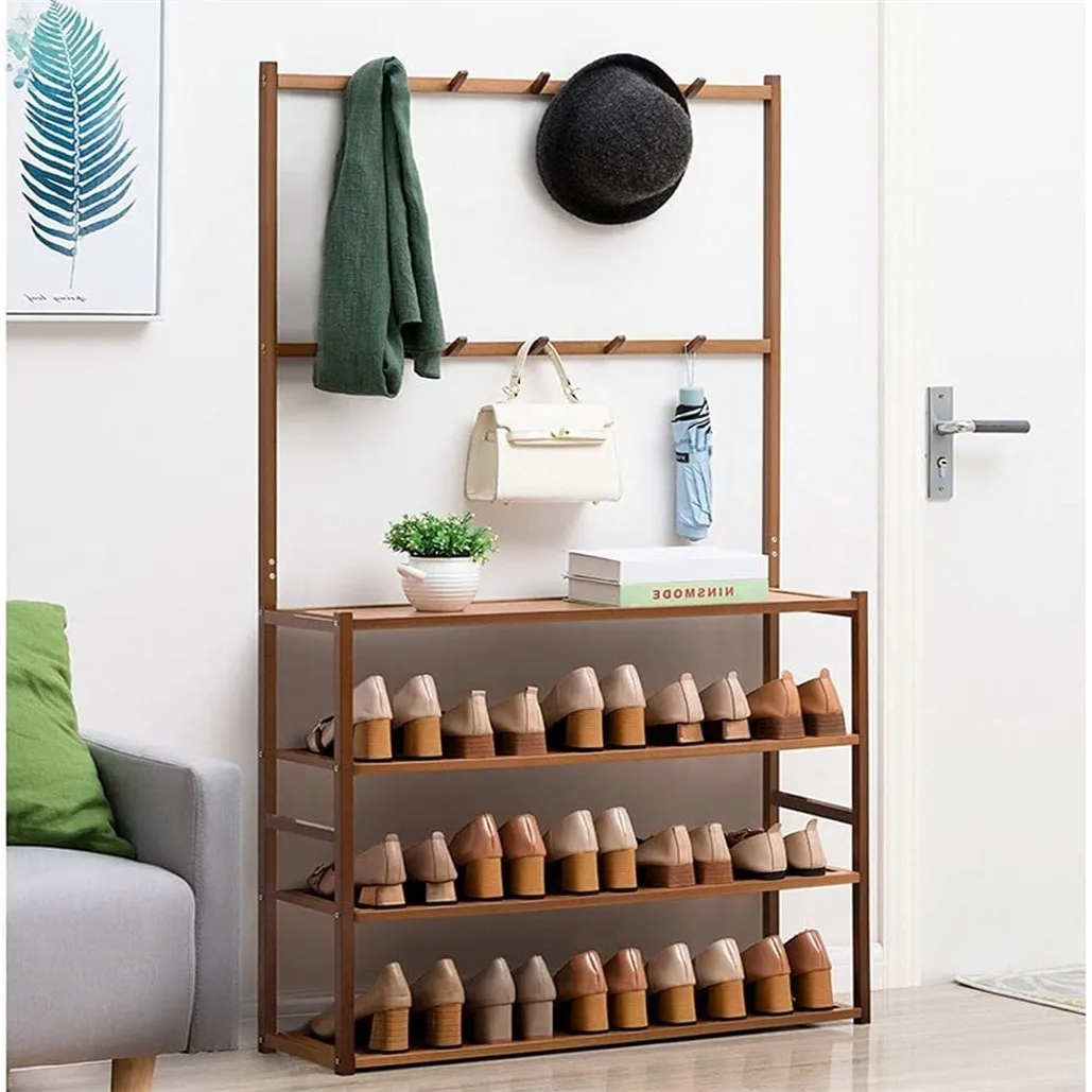 185cm Large Wooden 5 Tiers Hall Tree Hat Coat Stand with 8 Hooks Clothes Shoe Rack Hanger Hooks Shelf Storage 