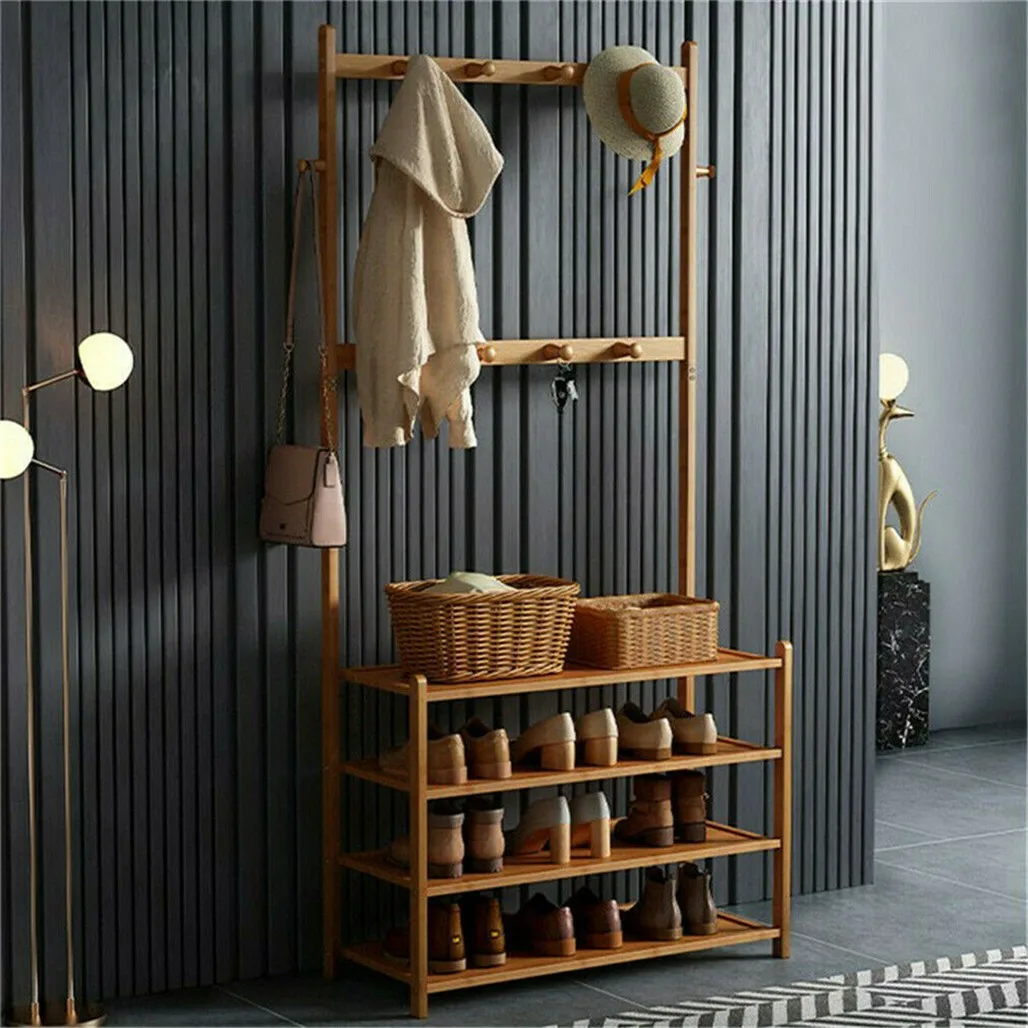 185cm Large Wooden 5 Tiers Hall Tree Hat Coat Stand with 8 Hooks Clothes Shoe Rack Hanger Hooks Shelf Storage 