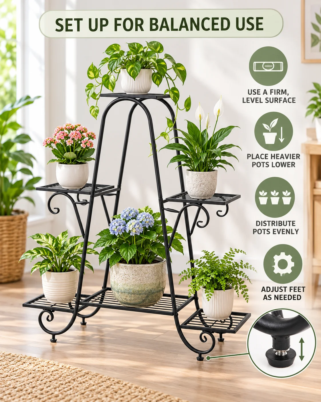 6 Tier Iron Plant Rack with Staggered Shelves, Decorative Flower Pot Stand for Indoor and Covered Outdoor Use