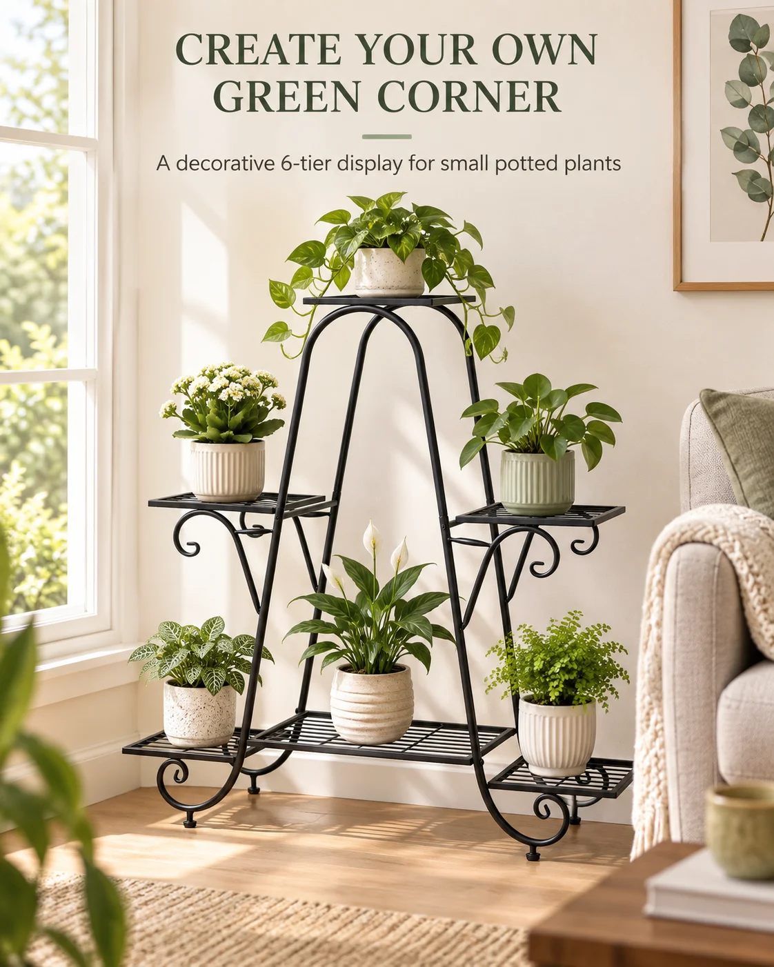 6 Tier Iron Plant Rack with Staggered Shelves, Decorative Flower Pot Stand for Indoor and Covered Outdoor Use