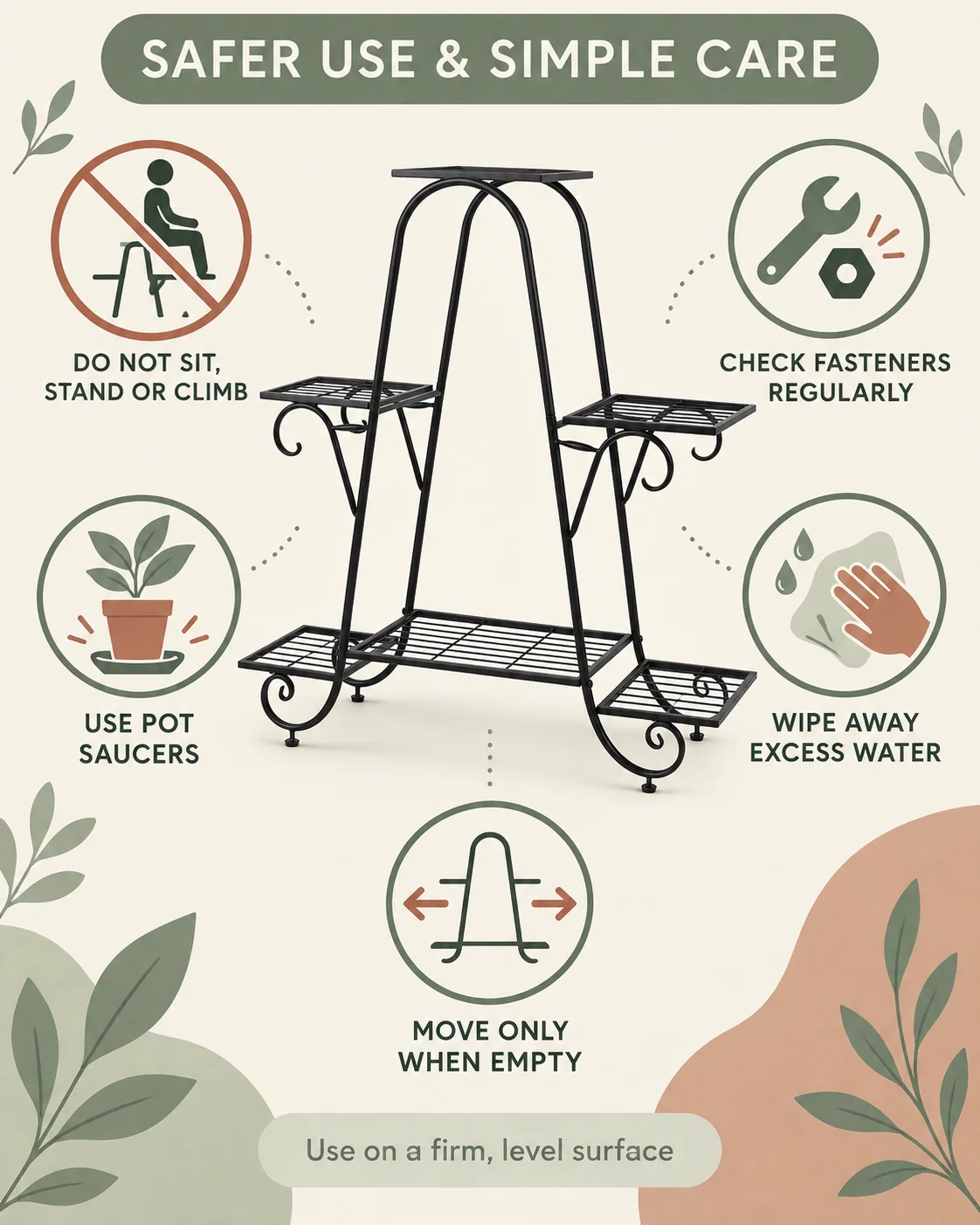 6 Tier Iron Plant Rack with Staggered Shelves, Decorative Flower Pot Stand for Indoor and Covered Outdoor Use