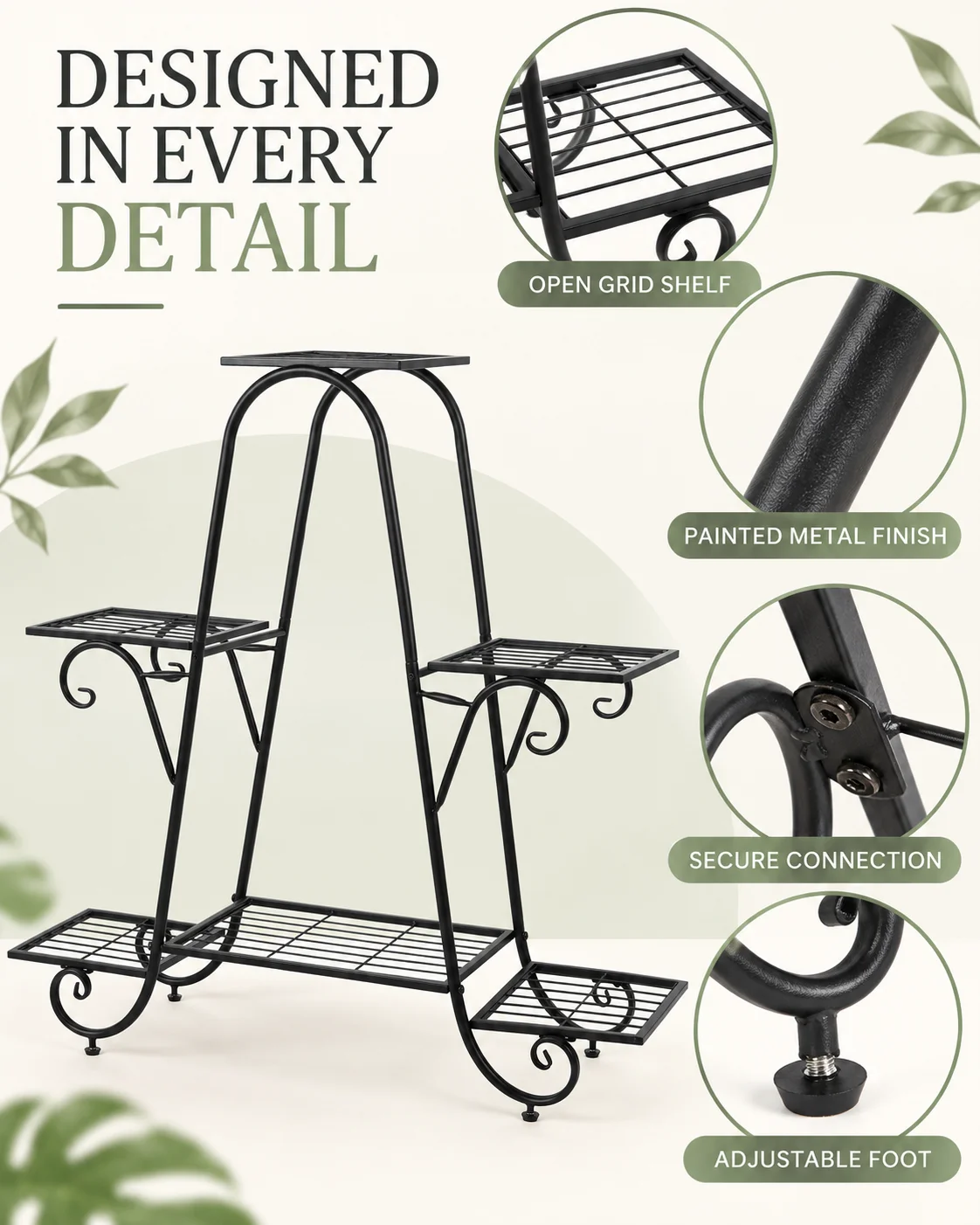 6 Tier Iron Plant Rack with Staggered Shelves, Decorative Flower Pot Stand for Indoor and Covered Outdoor Use