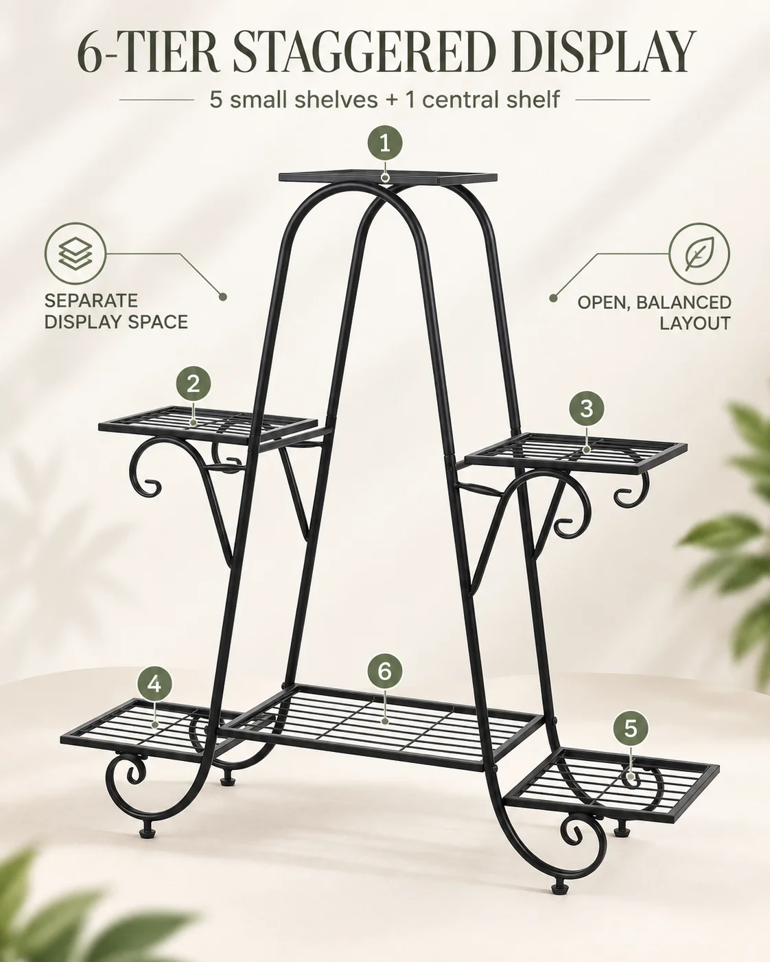 6 Tier Iron Plant Rack with Staggered Shelves, Decorative Flower Pot Stand for Indoor and Covered Outdoor Use