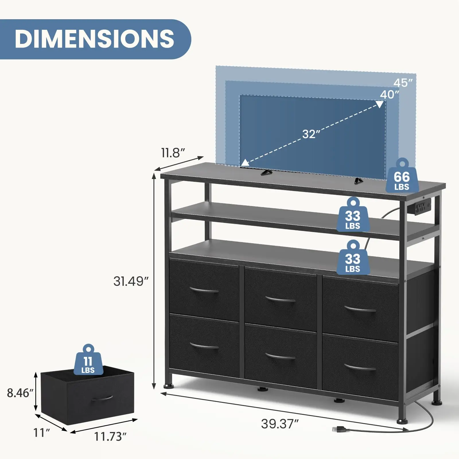JHK TV Stand Dresser For Living Room With 6 Fabric Drawers Storage Up to 45 inch TV Wood Top TV Media Console Table Cabinet