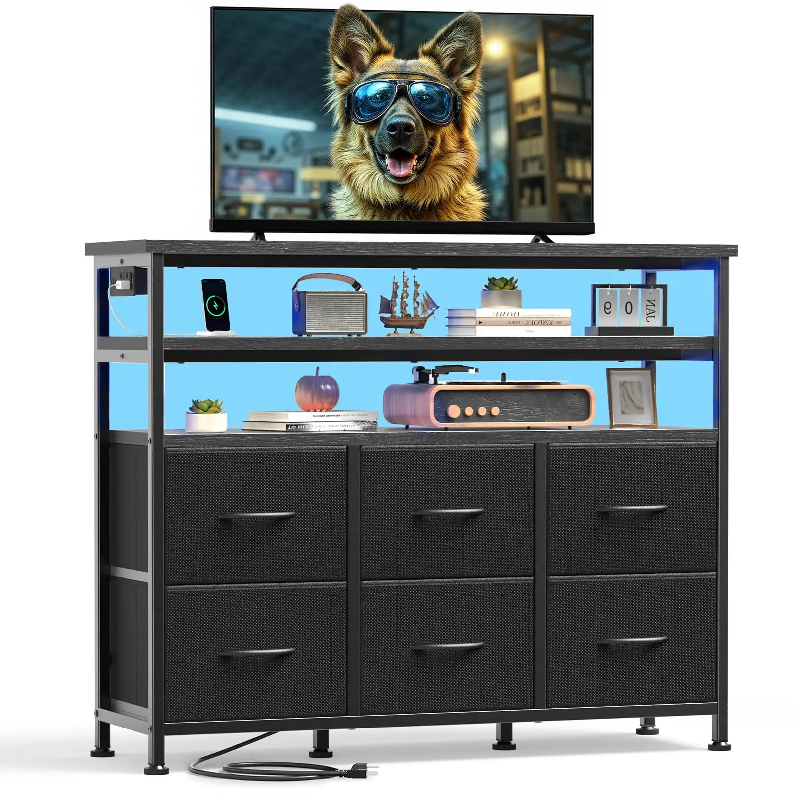 JHK TV Stand Dresser For Living Room With 6 Fabric Drawers Storage Up to 45 inch TV Wood Top TV Media Console Table Cabinet