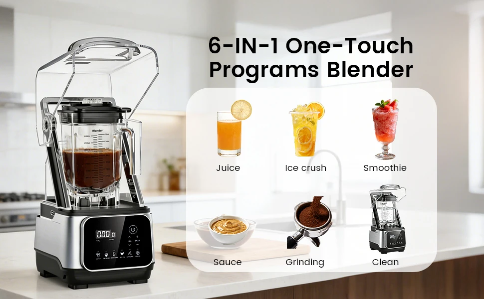 68oz Commercial Blender with Quiet Shield 2200W 6 in 1 Countertop Food Processor Easy Cleaning, for Juice, Ice Shakes, Smoothies
