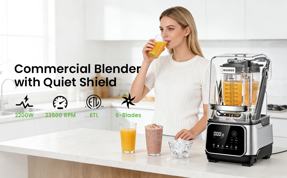 68oz Commercial Blender with Quiet Shield 2200W 6 in 1 Countertop Food Processor Easy Cleaning, for Juice, Ice Shakes, Smoothies
