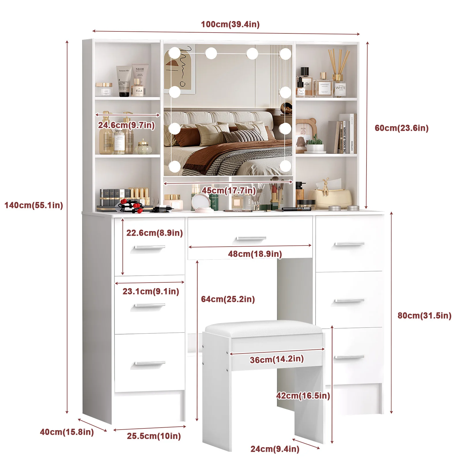Minimalist Natural Wood Vanity with Light-Up Mirror – 3 Light Modes, Slide-Out Drawers & Shelves