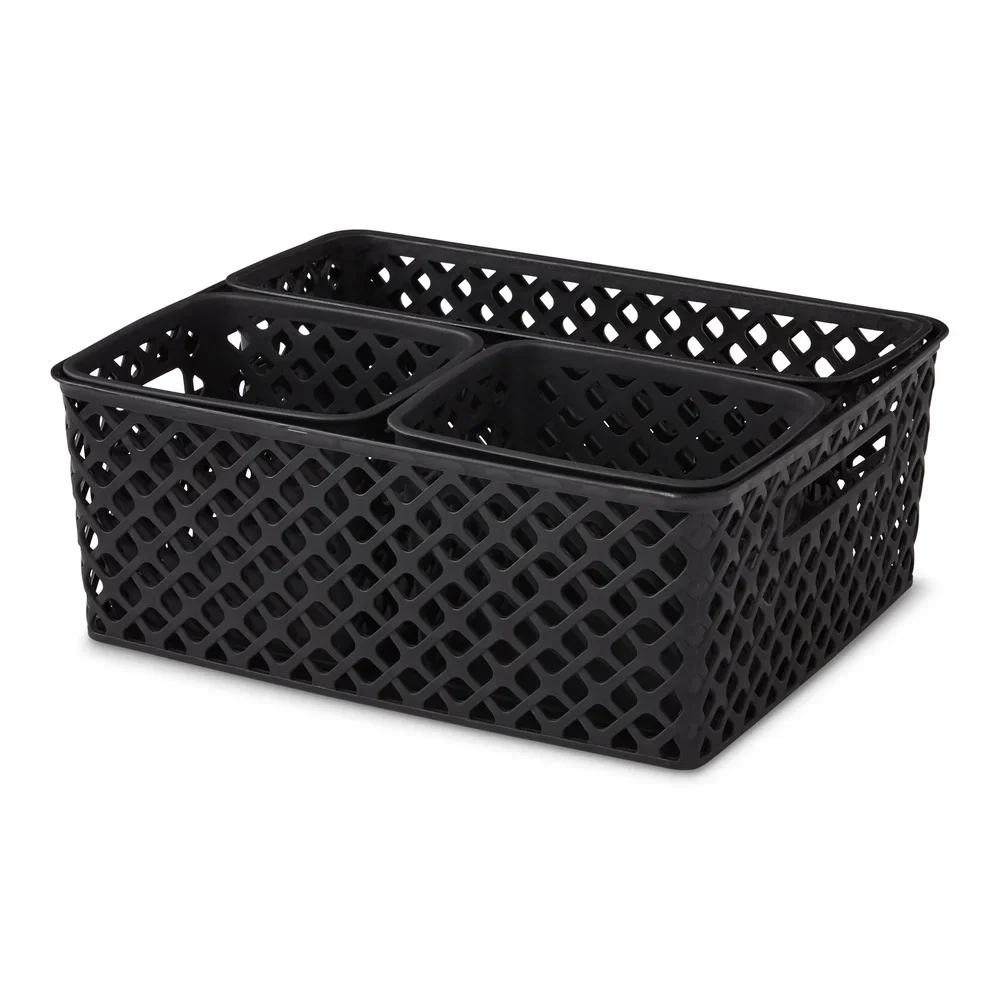 4 Piece Black Decorative Storage Basket Set Durable Plastic Organization Bins with Cut-Out Handles Versatile Home Storage