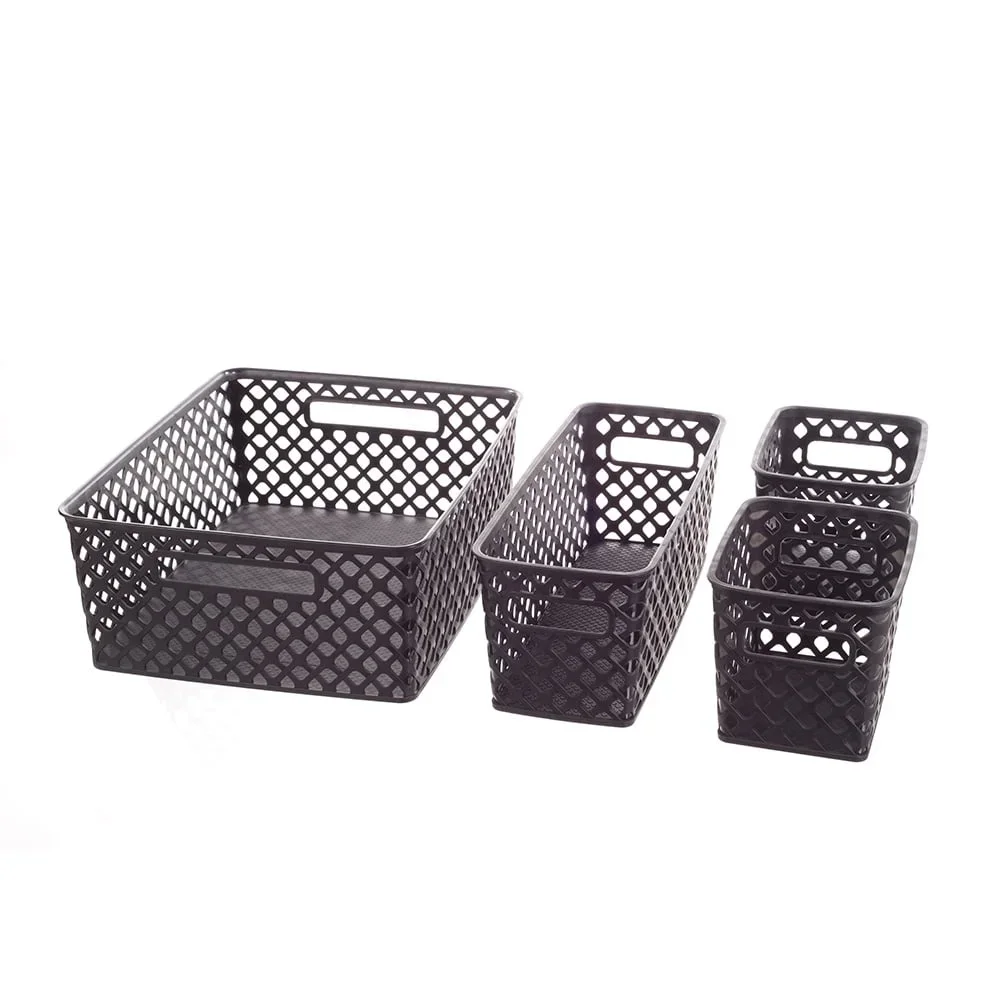 4 Piece Black Decorative Storage Basket Set Durable Plastic Organization Bins with Cut-Out Handles Versatile Home Storage