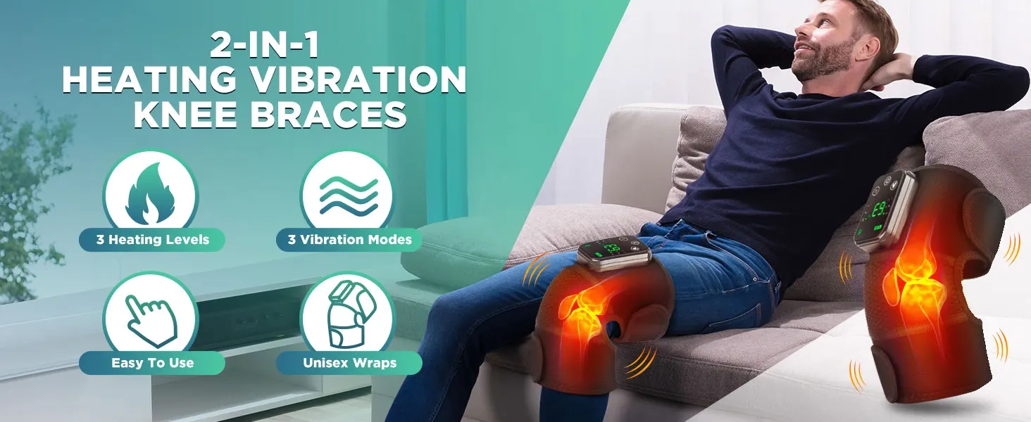 Cordless Heated Knee Massager,Heated Knee Brace with Massage,Heating Pad for Knee,3 Heating & Vibration Modes,Knee Wrap for Gift