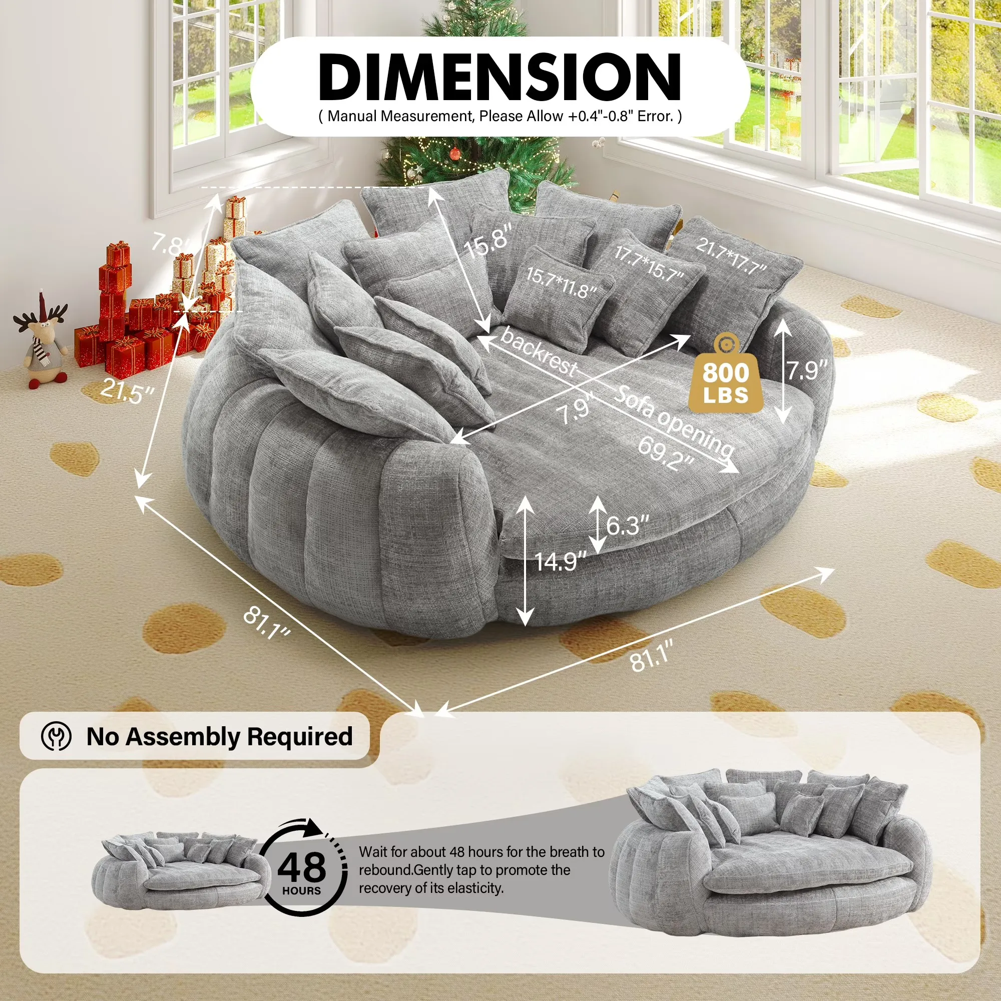 81.1" Cloud Couch Sleeper Sofa, Oversized Round Chaise Lounge Chair with 14 Pillows, Modern Chenille Boneless Couch, Memory Foam
