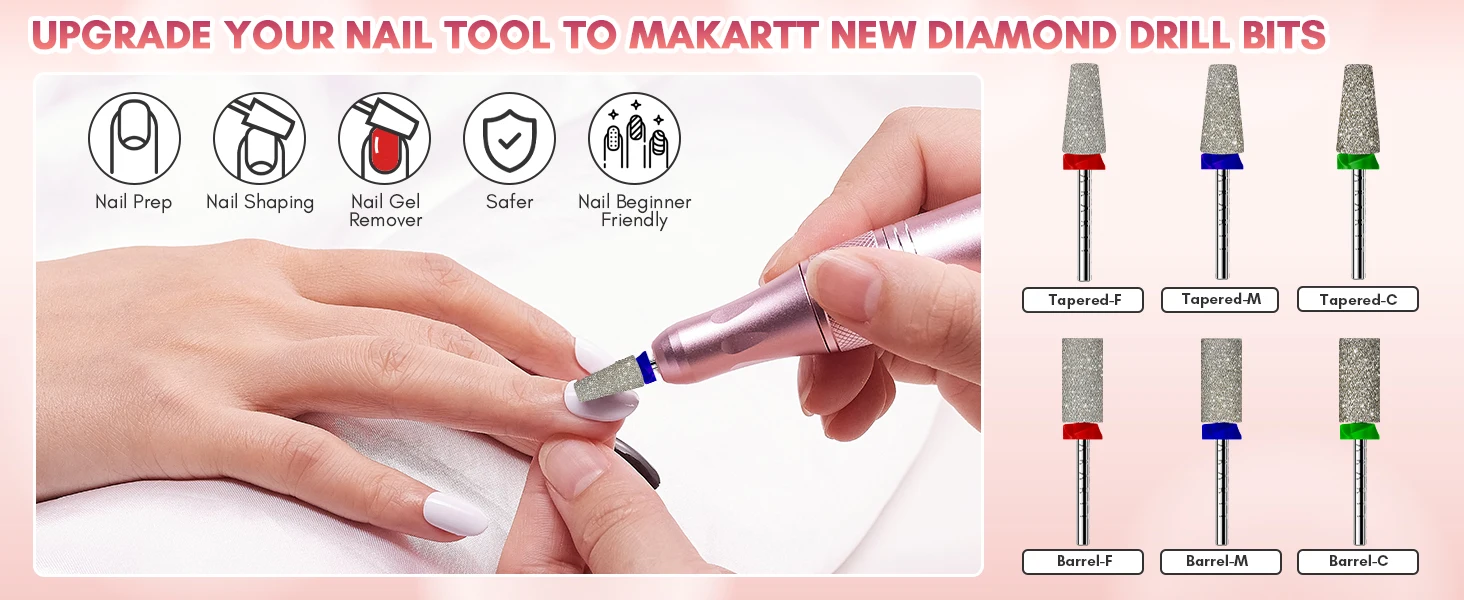 Makartt Carbide Tapered Nail Drill Bit 3/32"-Diamond Coated, Cross Teeth Cuticle Remover & Nail Prep, Dust-Proof Ring, Salon Use