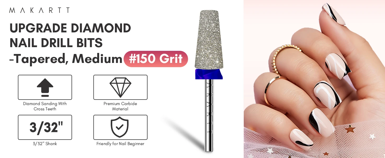 Makartt Carbide Tapered Nail Drill Bit 3/32"-Diamond Coated, Cross Teeth Cuticle Remover & Nail Prep, Dust-Proof Ring, Salon Use