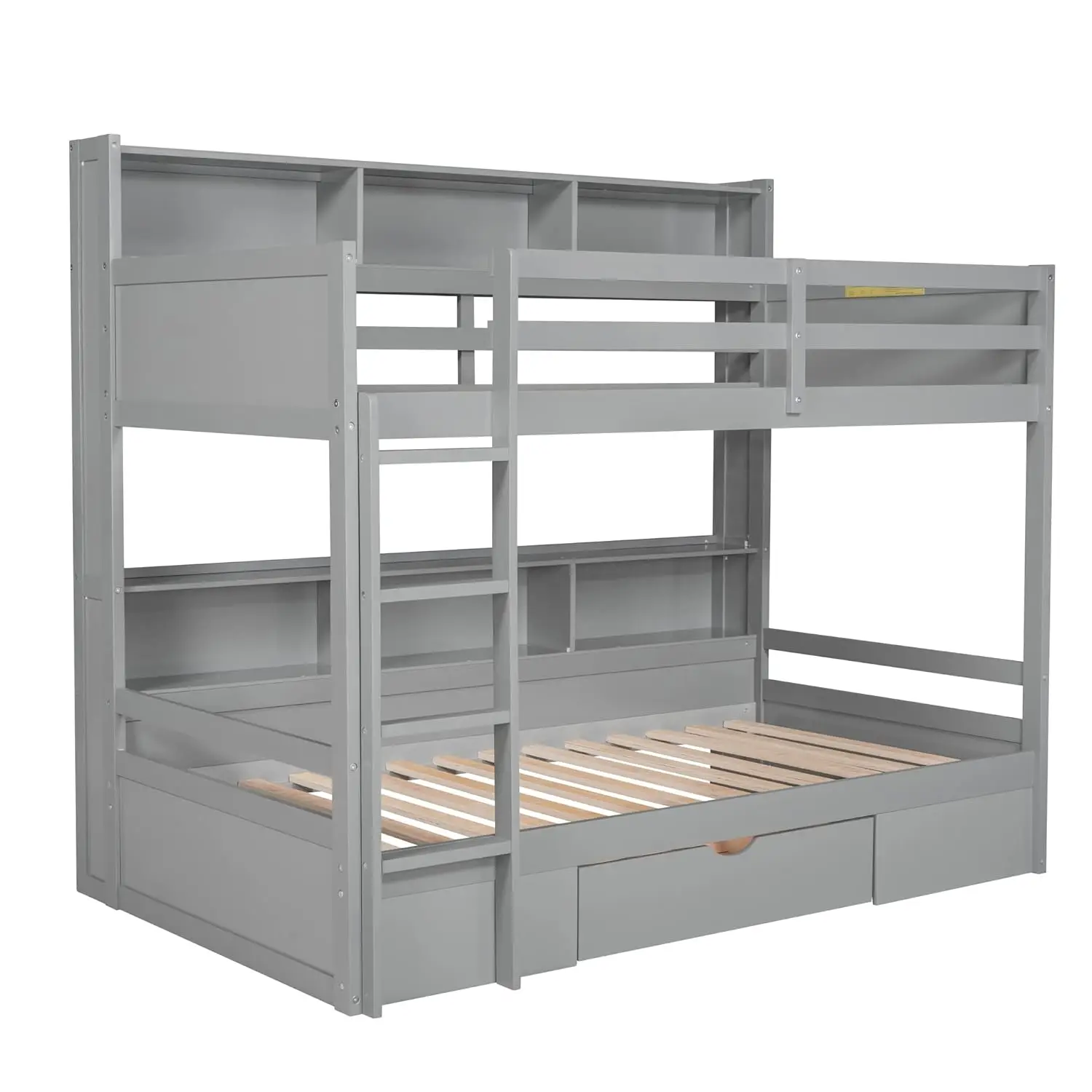 Twin Wooden Bunk Bed with Built-in Shelves Storage Drawer Guardrails Ladder for Kids Bedroom, Customized