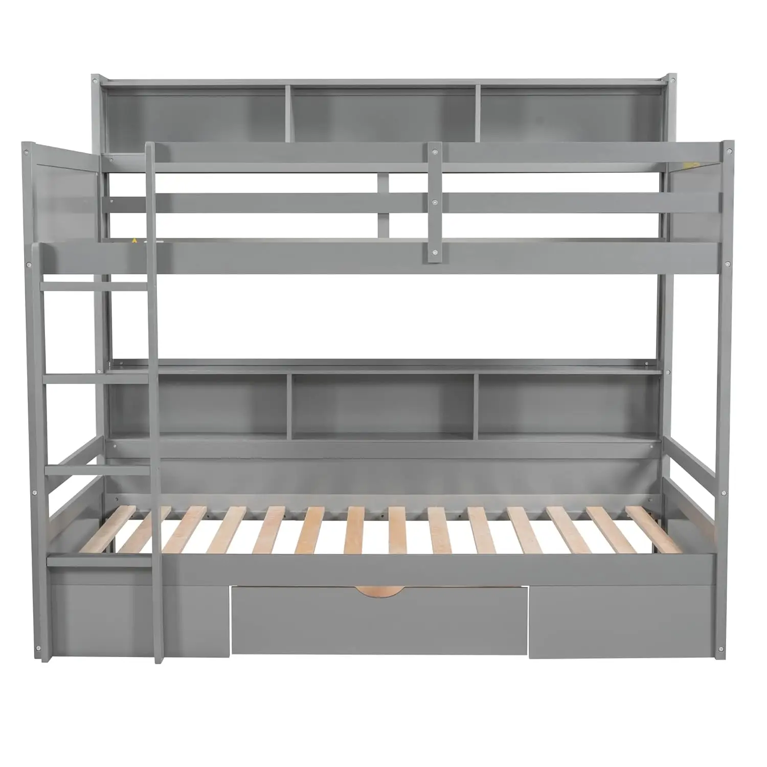 Twin Wooden Bunk Bed with Built-in Shelves Storage Drawer Guardrails Ladder for Kids Bedroom, Customized