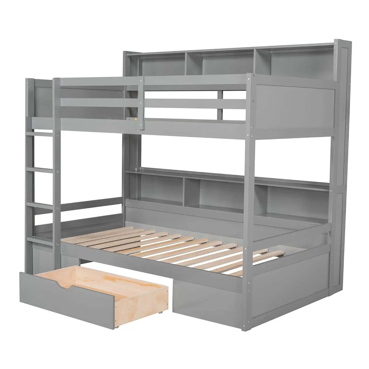 Twin Wooden Bunk Bed with Built-in Shelves Storage Drawer Guardrails Ladder for Kids Bedroom, Customized