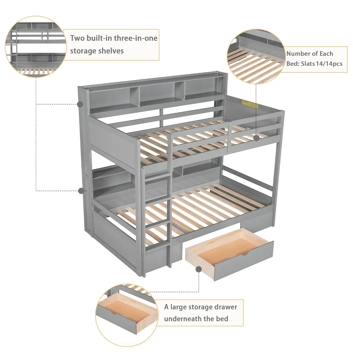Twin Wooden Bunk Bed with Built-in Shelves Storage Drawer Guardrails Ladder for Kids Bedroom, Customized