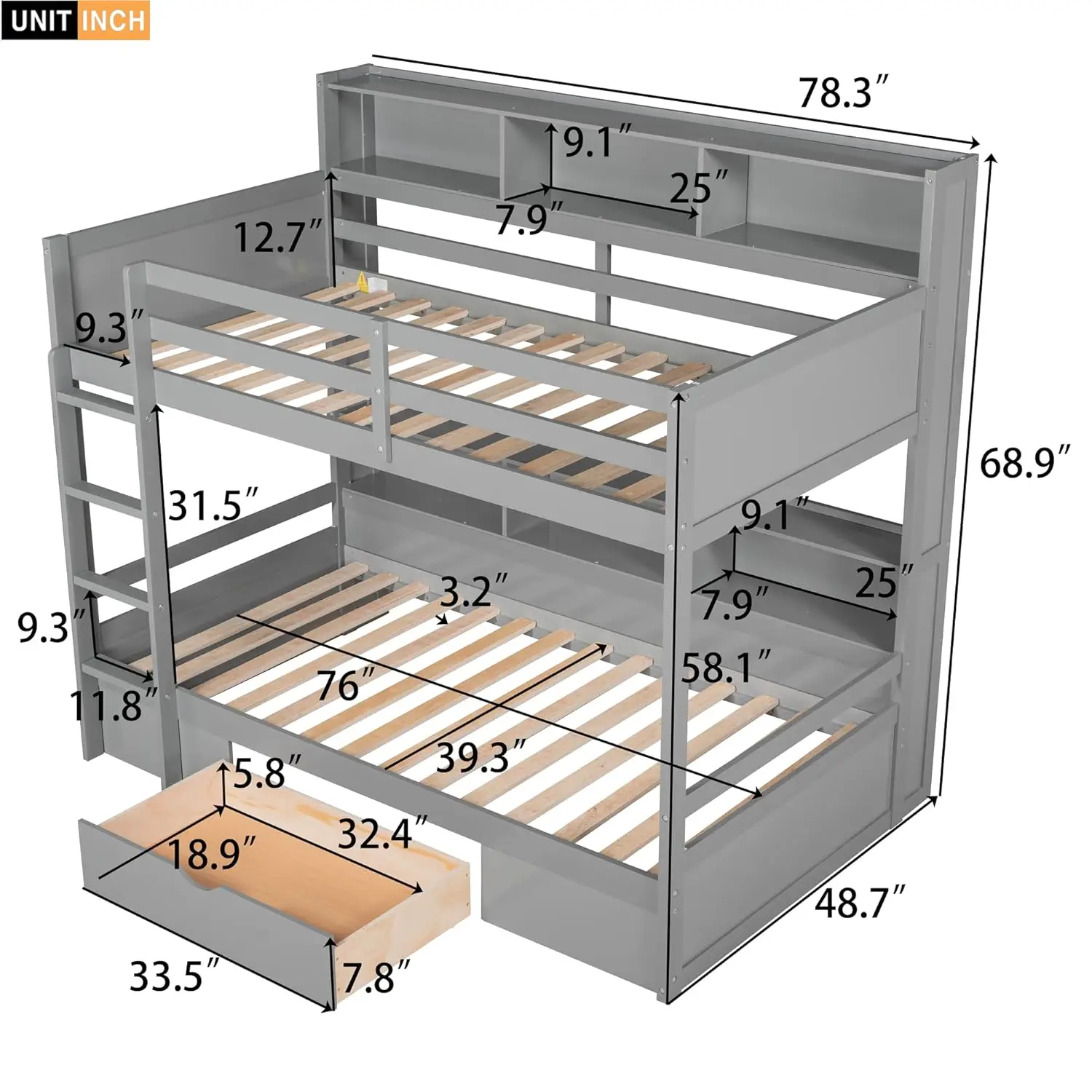Twin Wooden Bunk Bed with Built-in Shelves Storage Drawer Guardrails Ladder for Kids Bedroom, Customized