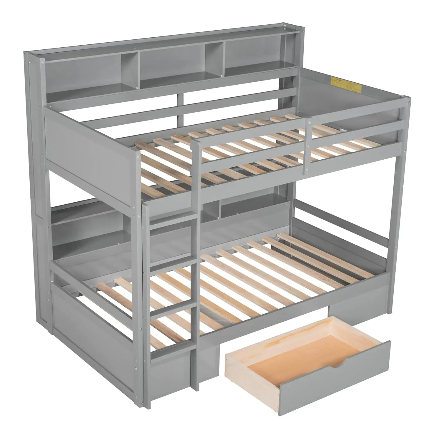 Twin Wooden Bunk Bed with Built-in Shelves Storage Drawer Guardrails Ladder for Kids Bedroom, Customized