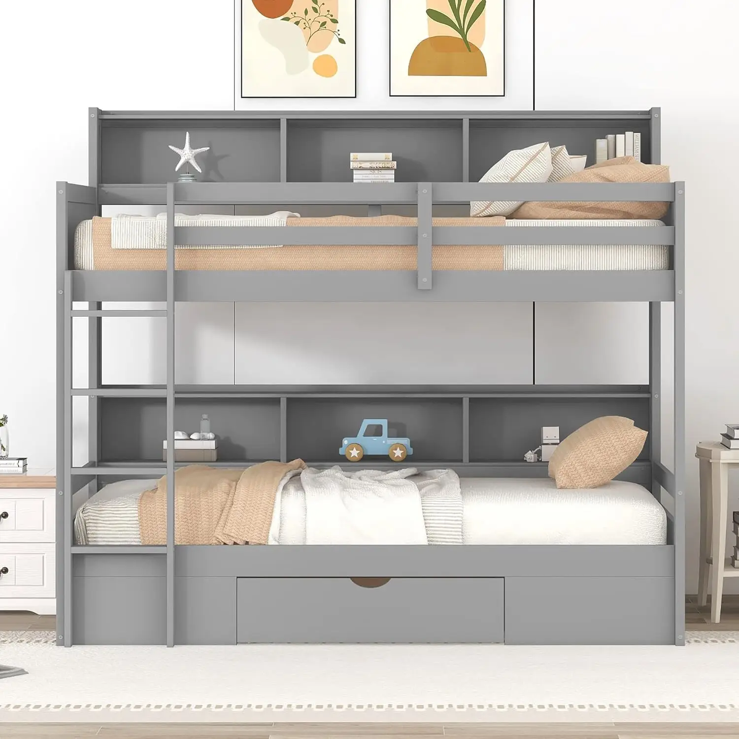 Twin Wooden Bunk Bed with Built-in Shelves Storage Drawer Guardrails Ladder for Kids Bedroom, Customized