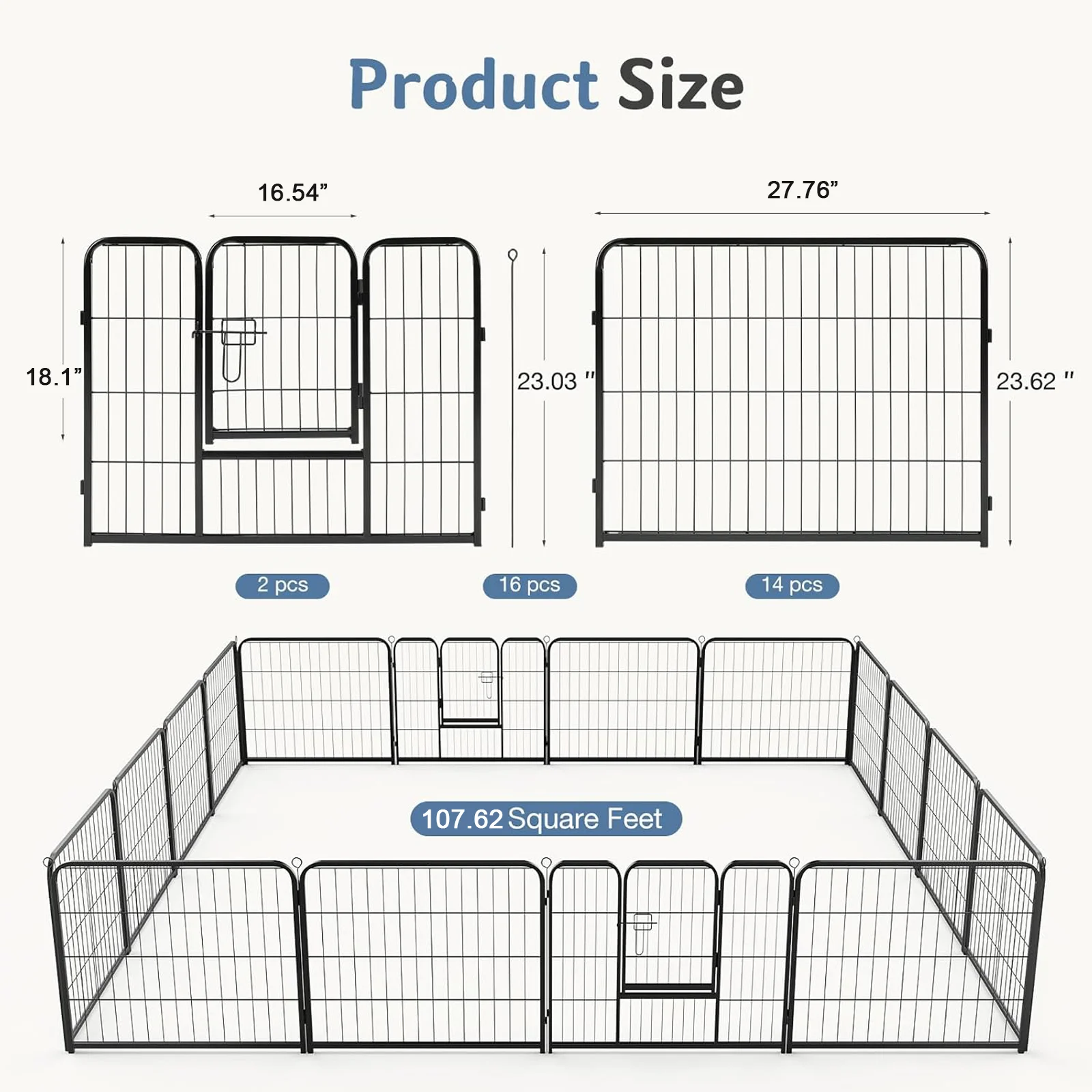 JHK 16 Panels Dog Playpen Pet Fence Metal 24 Inch to 32 Inch Foldable Large Dog Puppy Exercise for Yard Gate Camping Outdoor