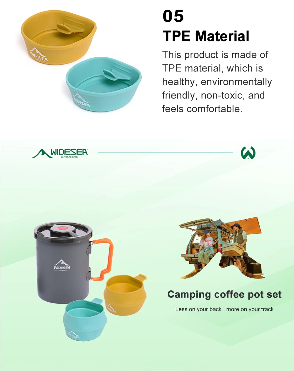 Widesea Camping Coffee Pot Set French Press Aluminum Pot with TPE Foldable Bowls for Outdoor Hiking Backpacking Picnic Travel
