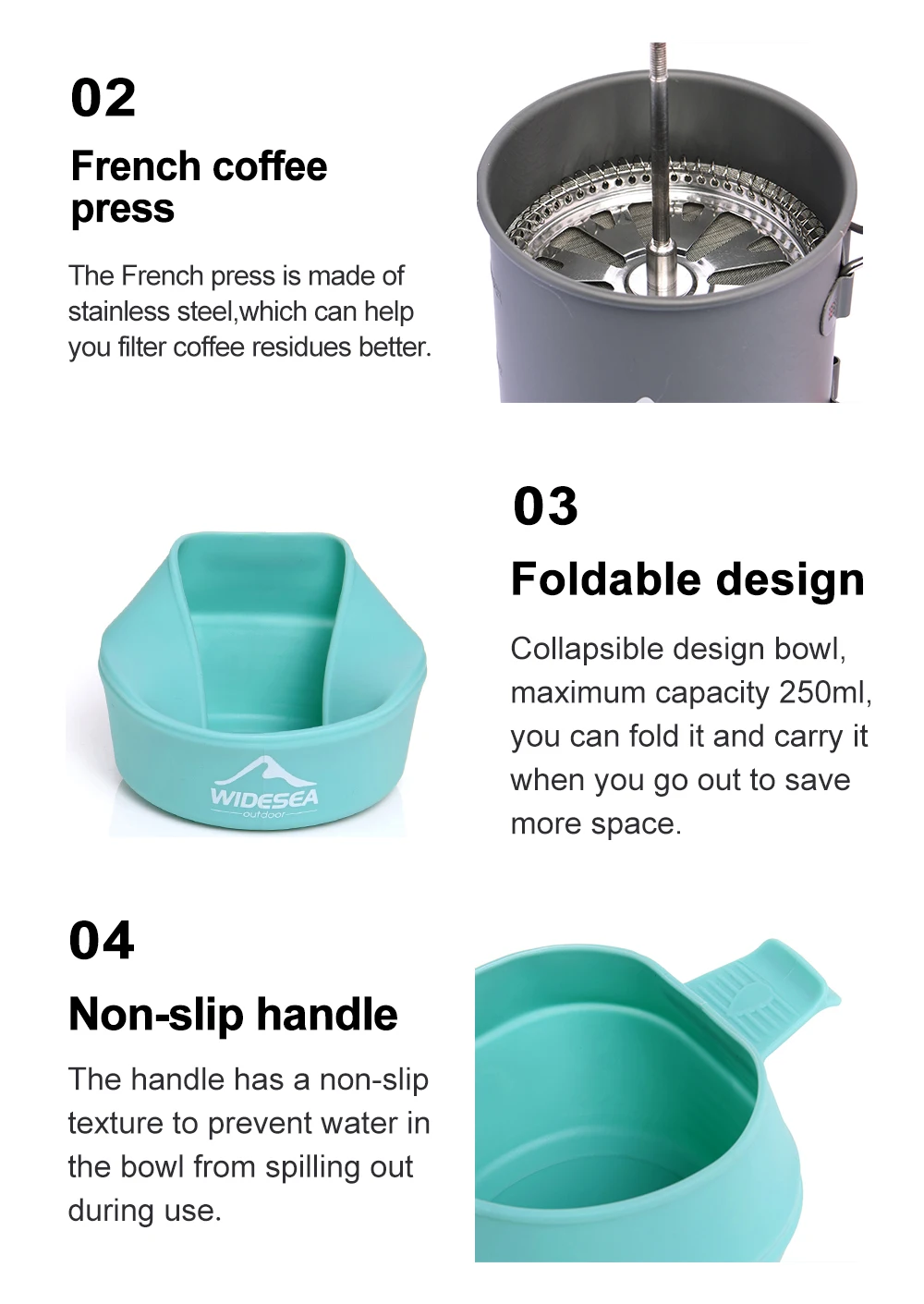 Widesea Camping Coffee Pot Set French Press Aluminum Pot with TPE Foldable Bowls for Outdoor Hiking Backpacking Picnic Travel