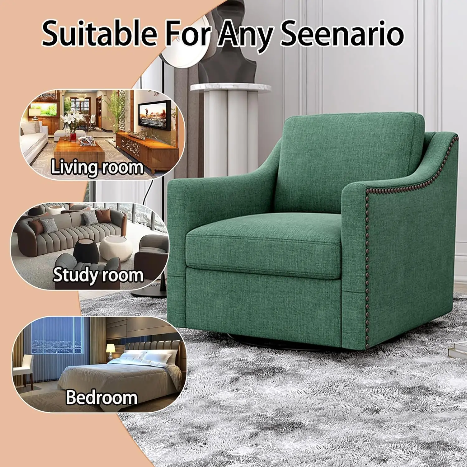 Swivel Accent Chair Set of 2 Bronze Nail Trim Upholstered Comfy Reading Living Room Bedroom Apartment Green Customized