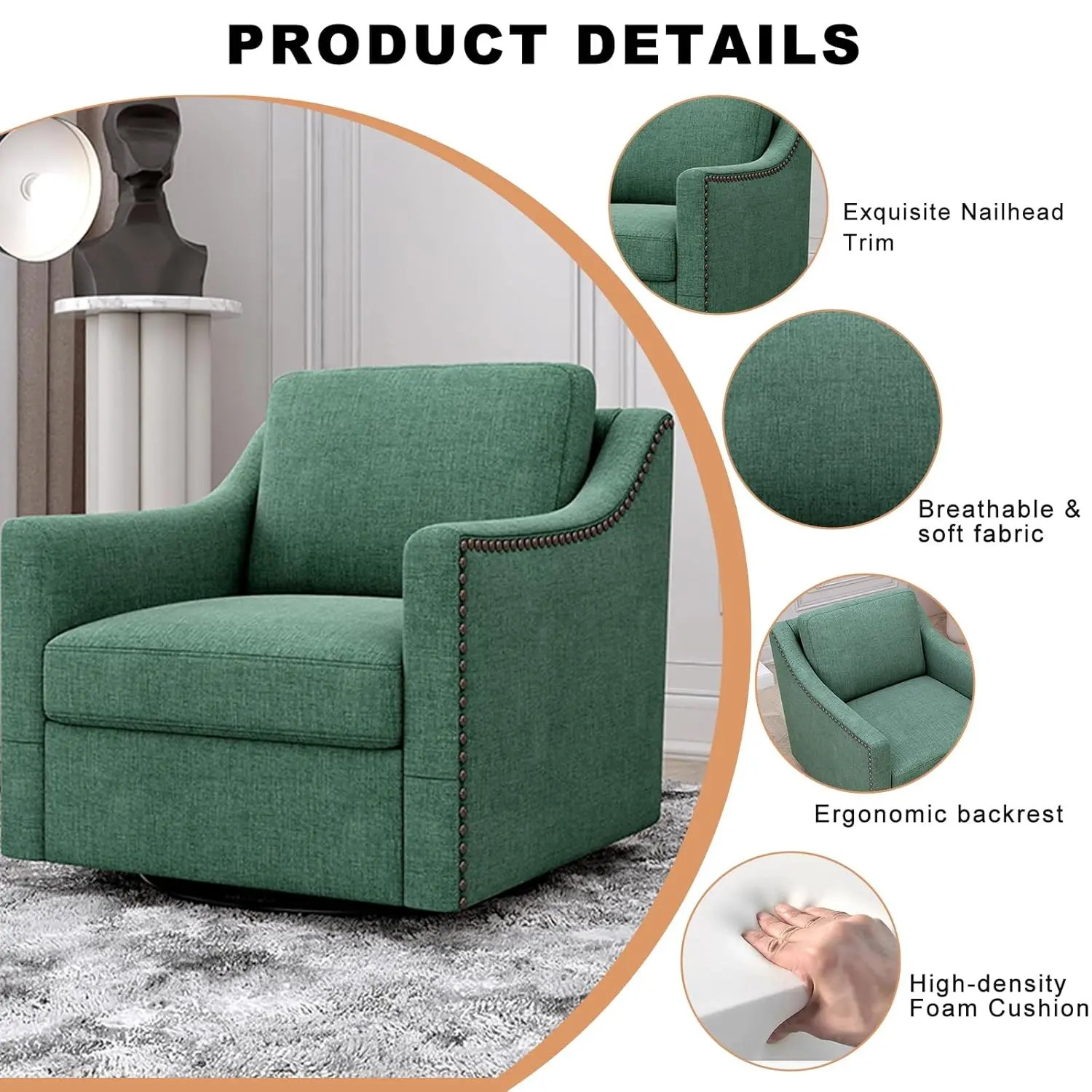 Swivel Accent Chair Set of 2 Bronze Nail Trim Upholstered Comfy Reading Living Room Bedroom Apartment Green Customized