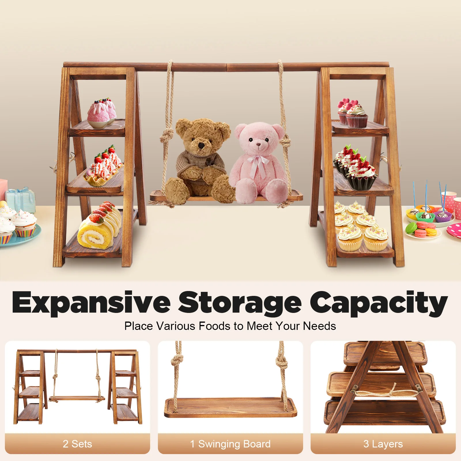 3-Tier Solid Wood Dessert Stand 6KG Load Capacity Detachable Wooden Cupcake Display Rack for Wedding Birthday Party