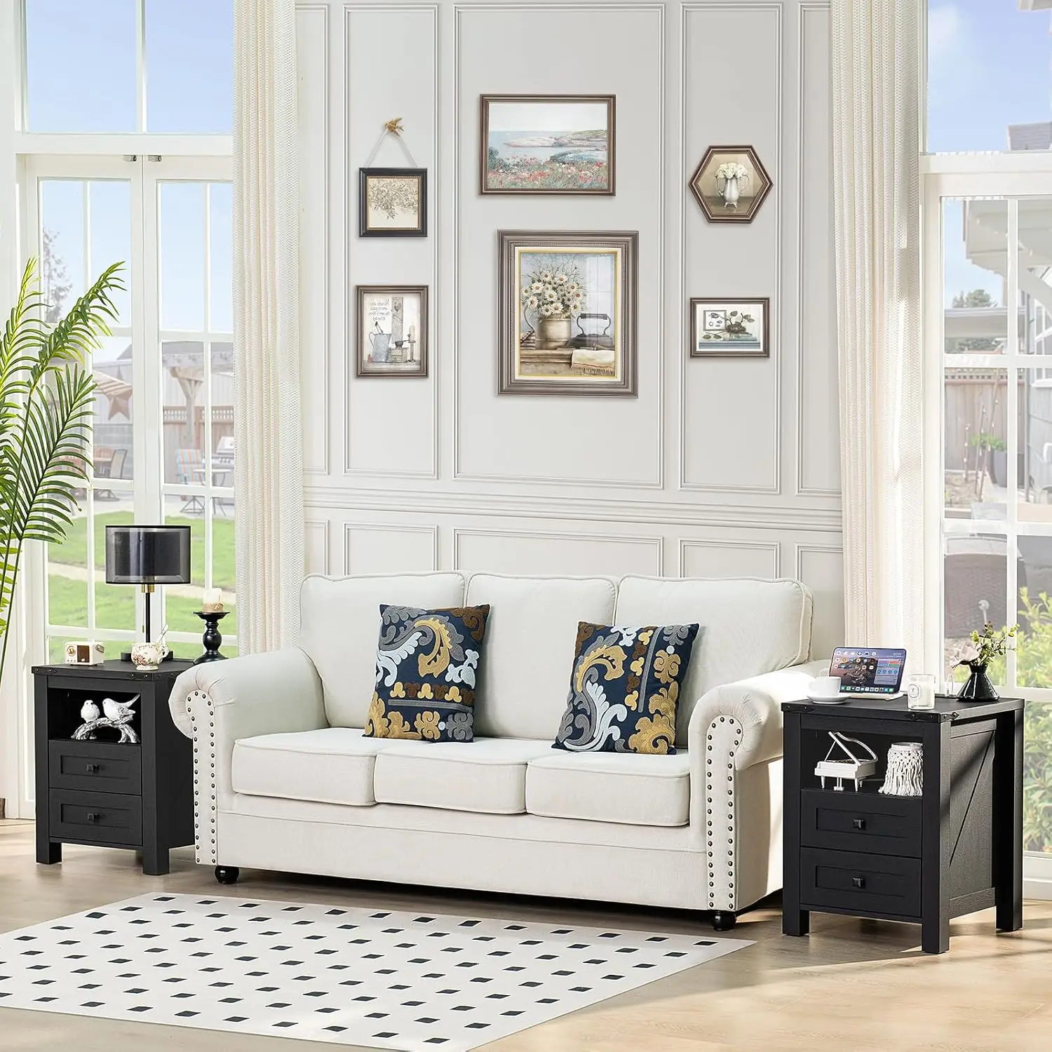 Nightstand with Charging Station, Farmhouse Night Stand with 2 Drawers and Shelf Storage, Wooden Side End Table,, Customized