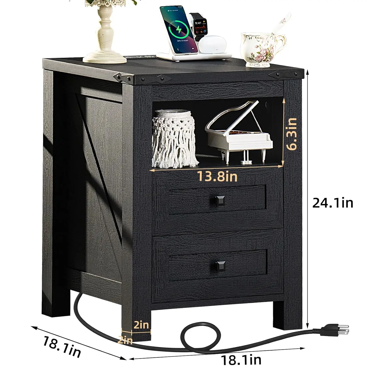 Nightstand with Charging Station, Farmhouse Night Stand with 2 Drawers and Shelf Storage, Wooden Side End Table,, Customized