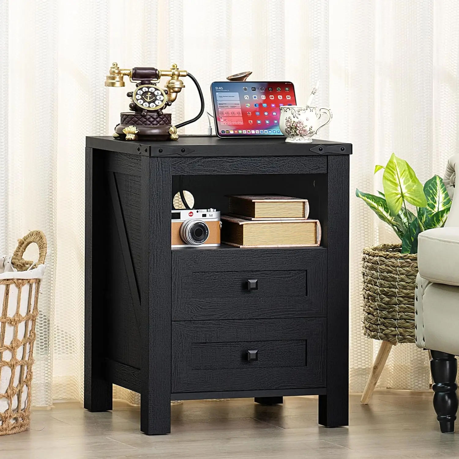 Nightstand with Charging Station, Farmhouse Night Stand with 2 Drawers and Shelf Storage, Wooden Side End Table,, Customized