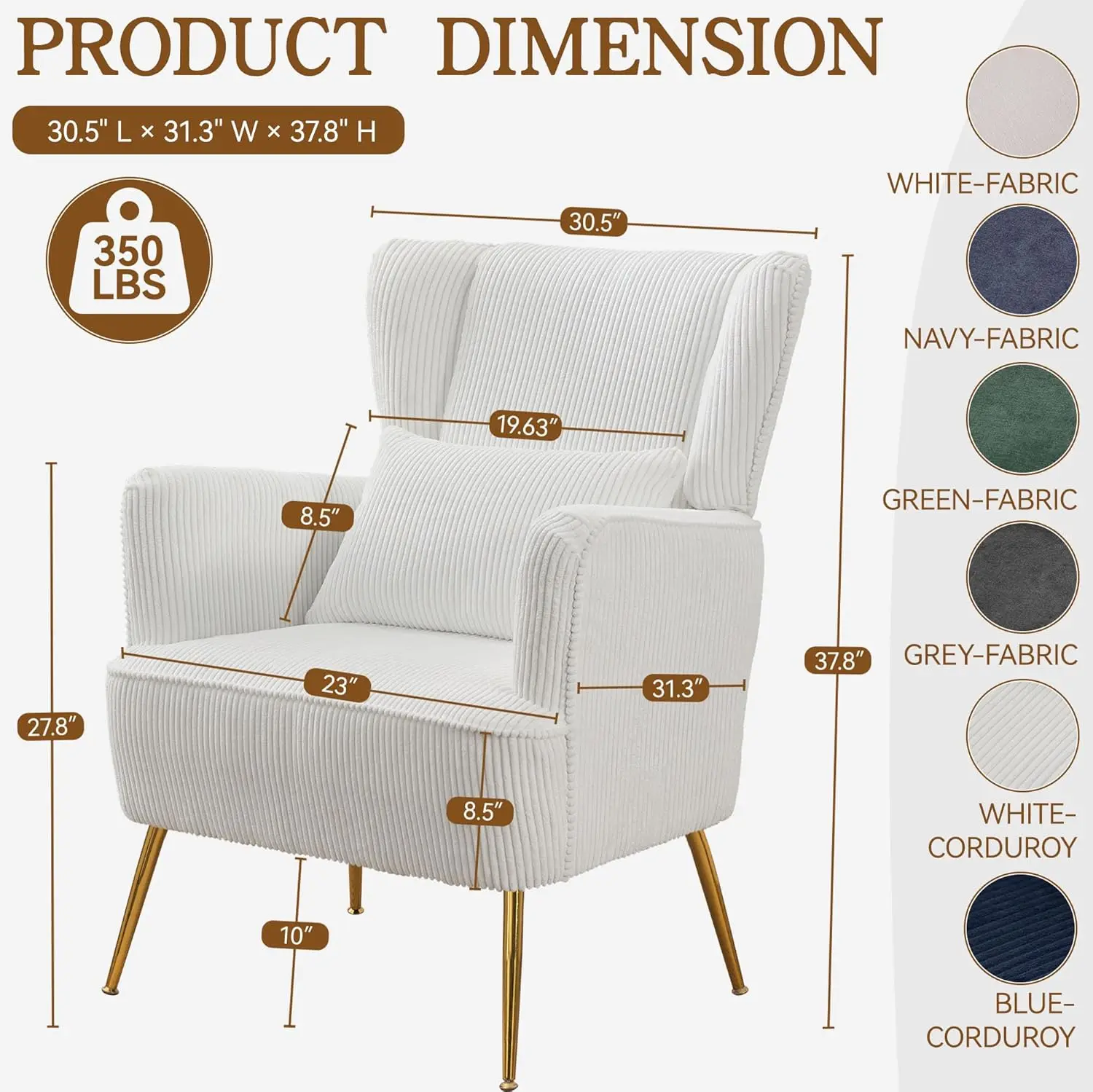 Corduroy Wingback Accent Chair Set of 2 w/ Lumbar Pillow Metal Legs Thick Cushion Living Room Bedroom White, Customized