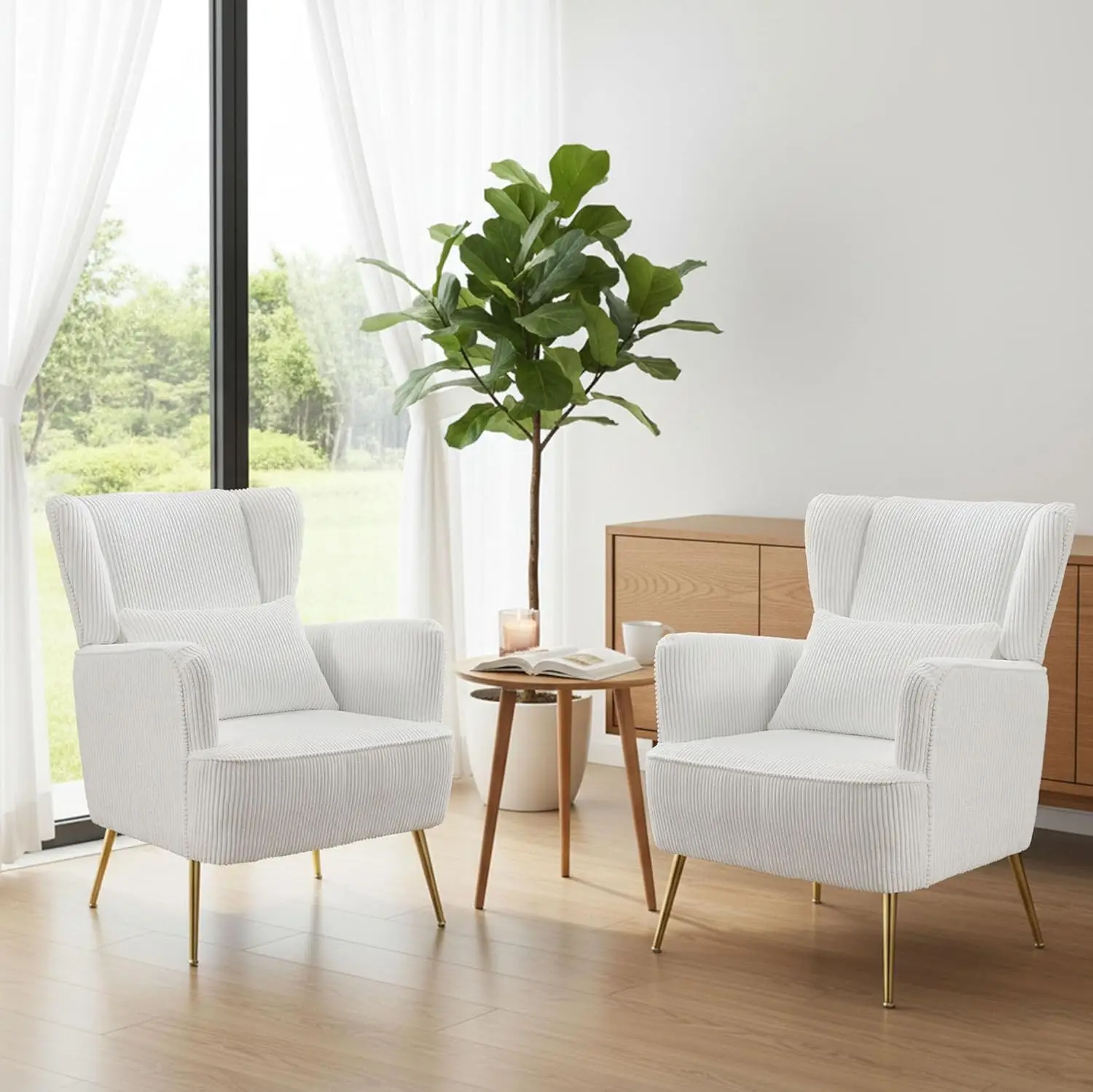 Corduroy Wingback Accent Chair Set of 2 w/ Lumbar Pillow Metal Legs Thick Cushion Living Room Bedroom White, Customized