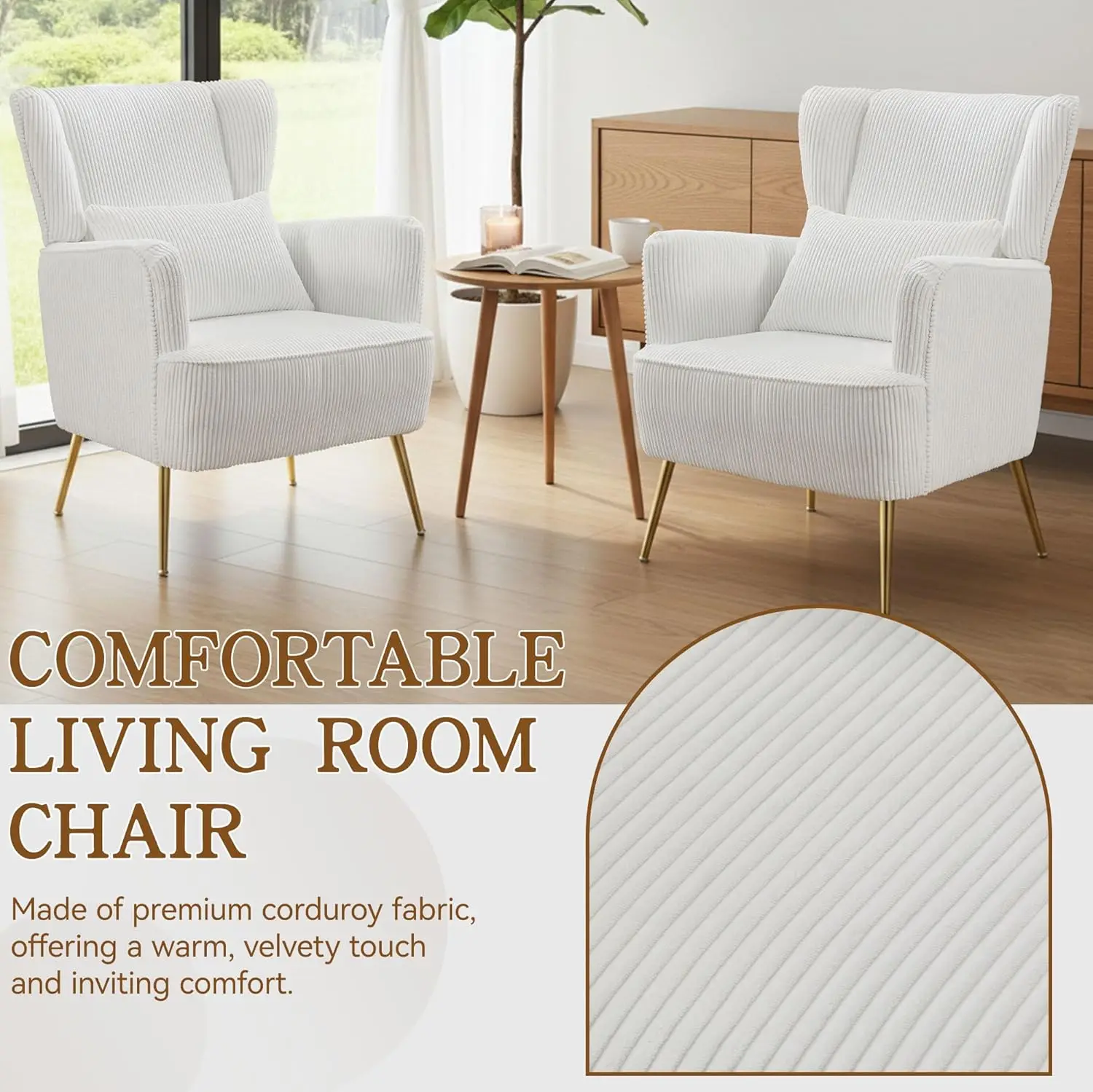 Corduroy Wingback Accent Chair Set of 2 w/ Lumbar Pillow Metal Legs Thick Cushion Living Room Bedroom White, Customized