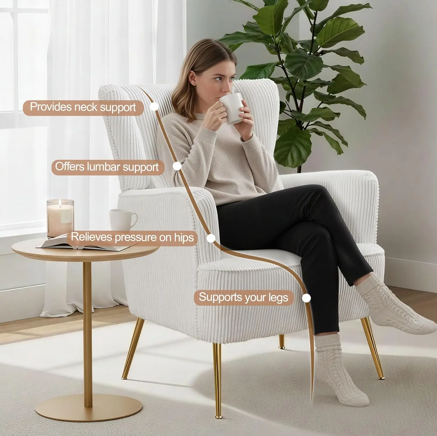 Corduroy Wingback Accent Chair Set of 2 w/ Lumbar Pillow Metal Legs Thick Cushion Living Room Bedroom White, Customized