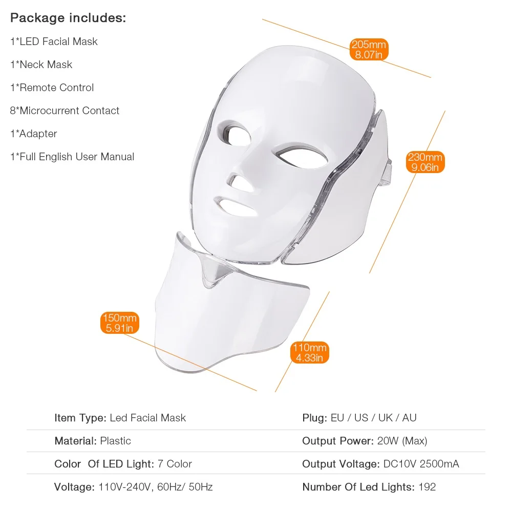 Foreverlily 7 Colors Light LED Facial Skin Care Mask With Neck Skin Rejuvenation Treatment Beauty Anti Acne Therapy Whitening