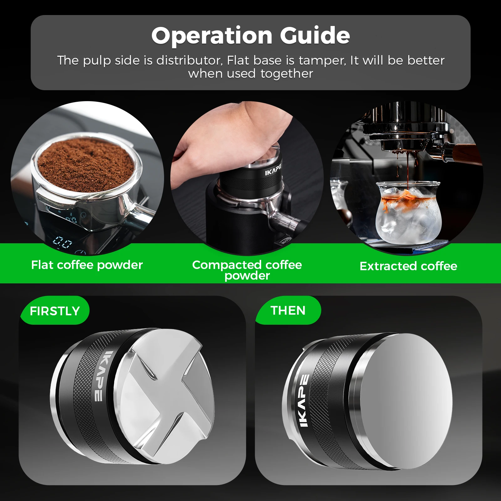IKAPE Coffee Distributor & Tamper, 2 in 1 Adjustable Depth Espresso Distributor Tool Fit for 51/54/58mm Bottomless Portafilter