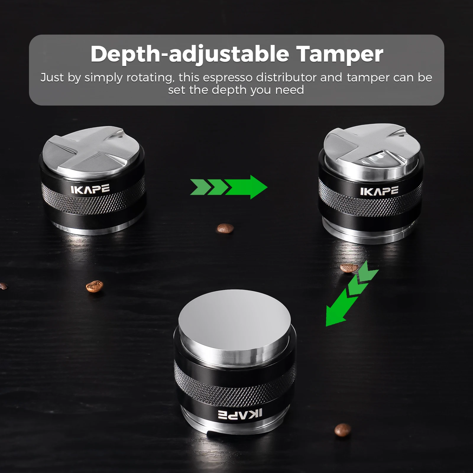 IKAPE Coffee Distributor & Tamper, 2 in 1 Adjustable Depth Espresso Distributor Tool Fit for 51/54/58mm Bottomless Portafilter