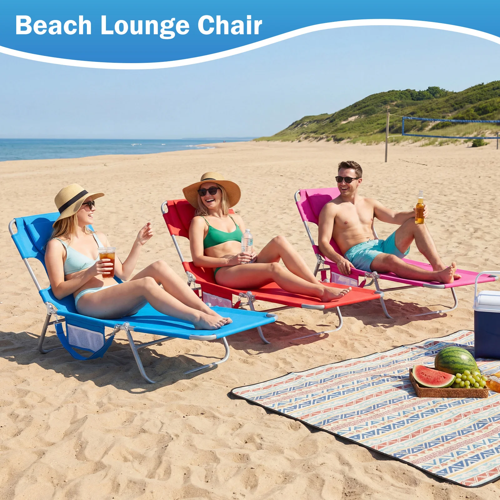 JHK 5-Position Adjustable Recline Beach Lounge Chair Portable Folding Sun Chairs with Face Arm Holes Max Load 225LBS for Patio
