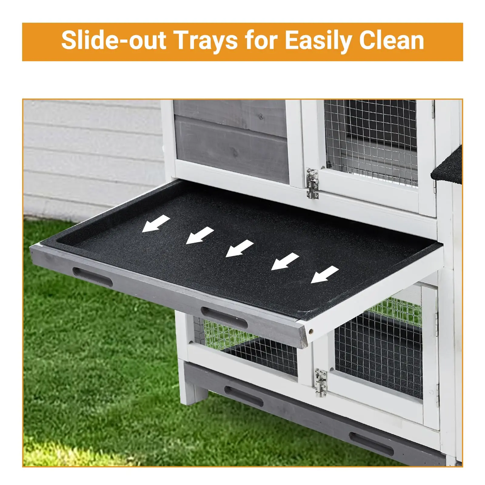 63in Bunny Hutch Indoor, Wooden Rabbit Cage 2-Tier With 3 Removable Trays, Waterproof Roof Bunny House Outdoor Coop