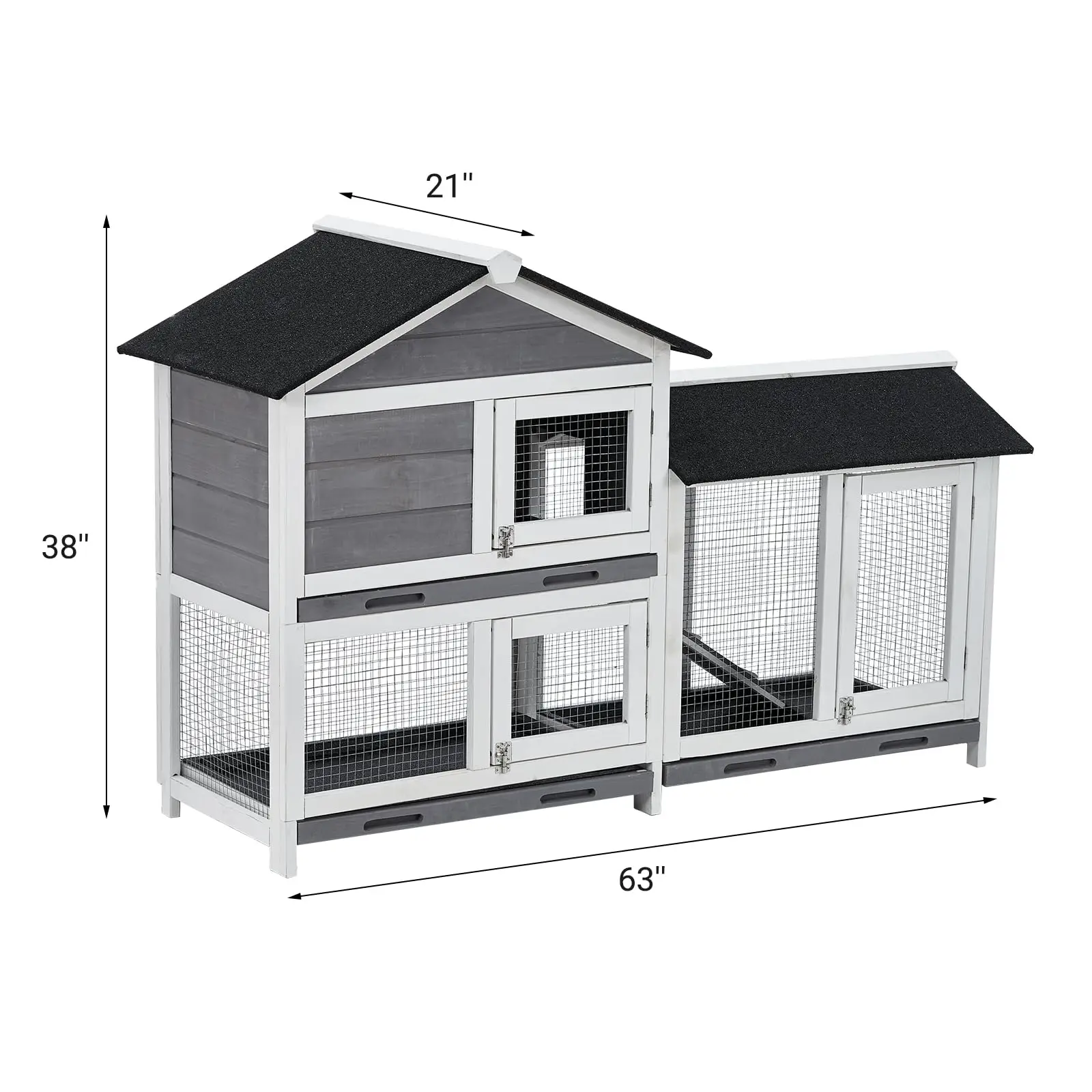 63in Bunny Hutch Indoor, Wooden Rabbit Cage 2-Tier With 3 Removable Trays, Waterproof Roof Bunny House Outdoor Coop
