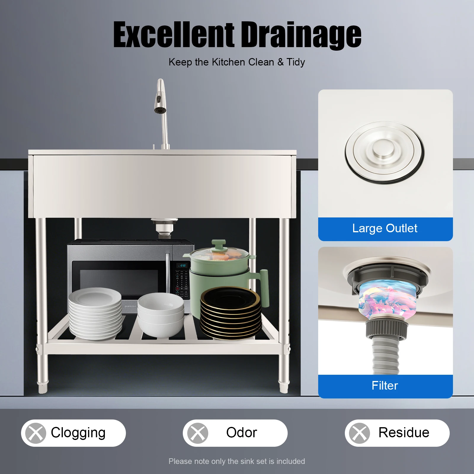 Stainless Steel Utility Sink with Faucet, Shelf & Drainboard for Laundry Garage Restaurant Outdoor 35.8x21.8