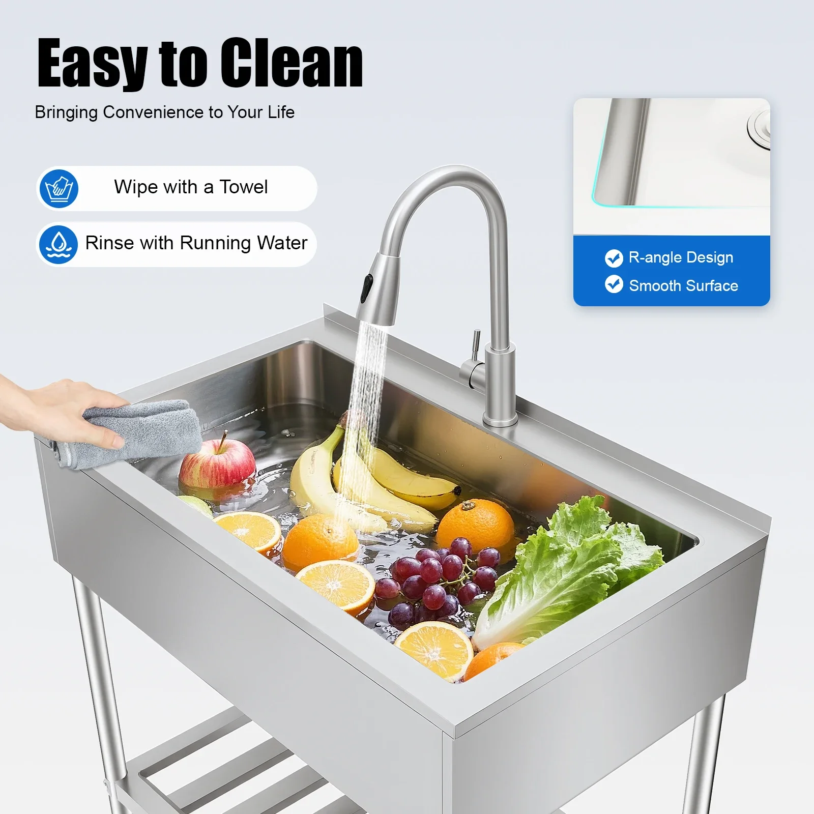 Stainless Steel Utility Sink with Faucet, Shelf & Drainboard for Laundry Garage Restaurant Outdoor 35.8x21.8