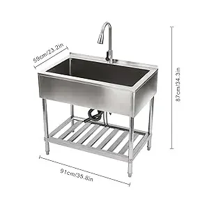Stainless Steel Utility Sink with Faucet, Shelf & Drainboard for Laundry Garage Restaurant Outdoor 35.8x21.8