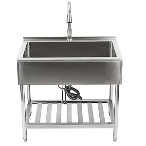 Stainless Steel Utility Sink with Faucet, Shelf & Drainboard for Laundry Garage Restaurant Outdoor 35.8x21.8