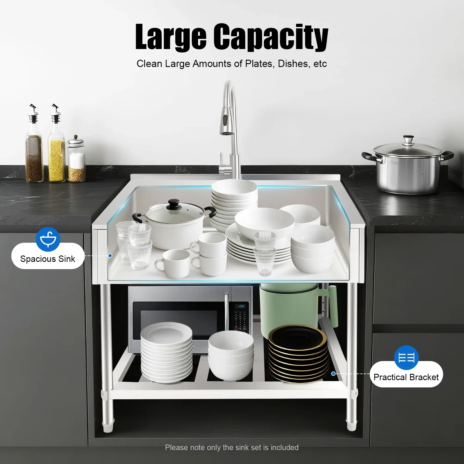 Stainless Steel Utility Sink with Faucet, Shelf & Drainboard for Laundry Garage Restaurant Outdoor 35.8x21.8