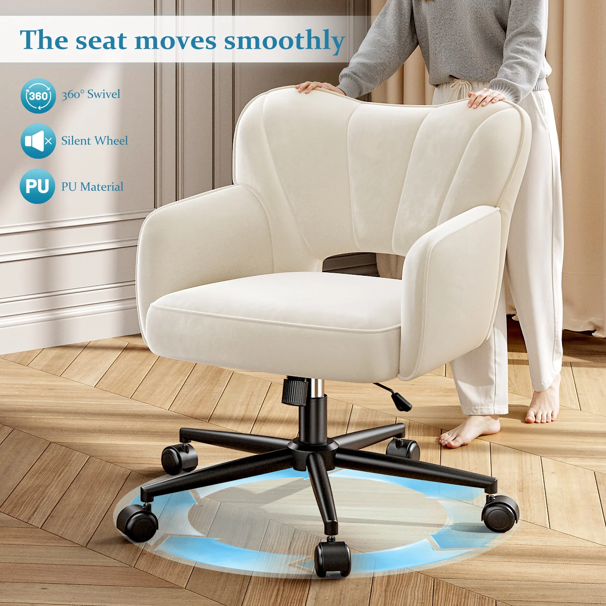 Vanity Chair with Wheels & Back,Vanity Chair Adjustable Height Comfy Desk Chairs for Makeup, Work & Relaxation